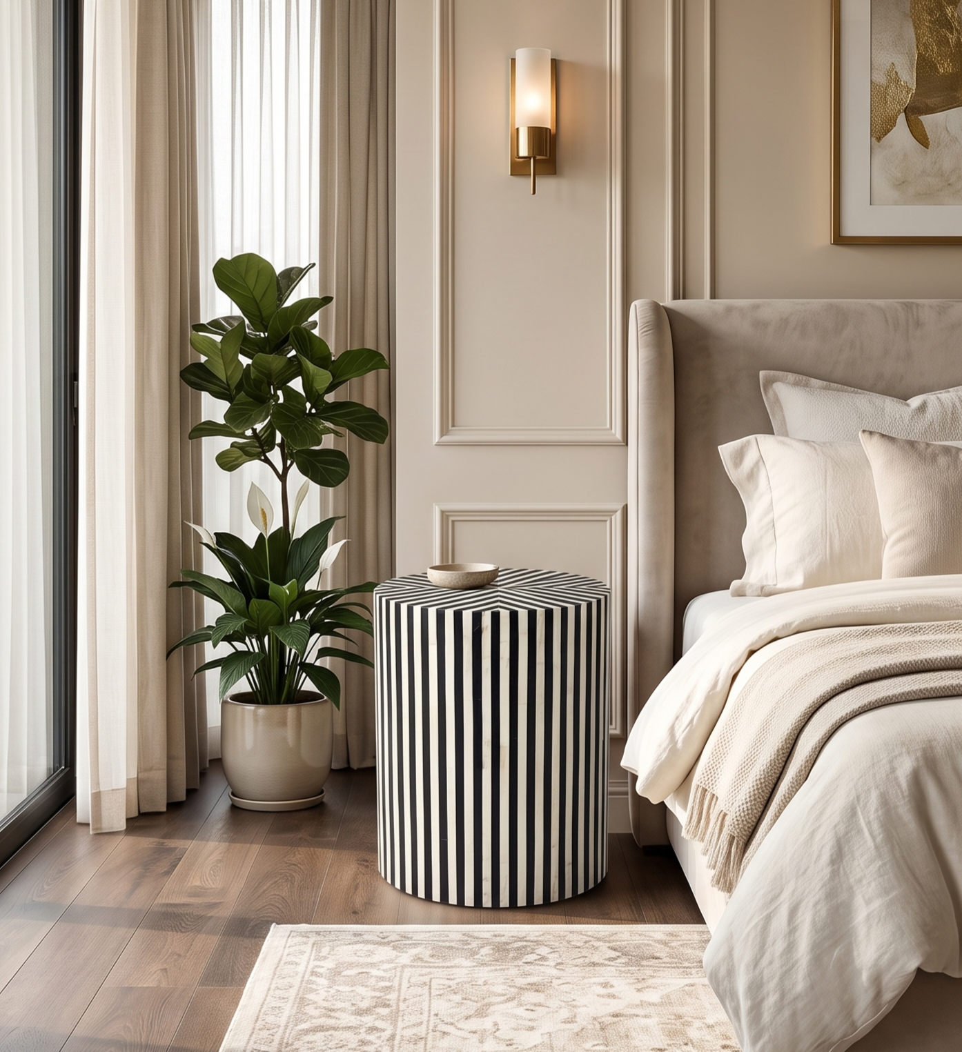 Black and white Bone Inlay round cylindrical side table with vertical striped pattern beside a bed