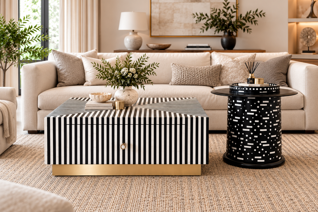 Black and white striped Bone Inlay square coffee table with one drawer and matching round side table featuring grey glass and brass stand