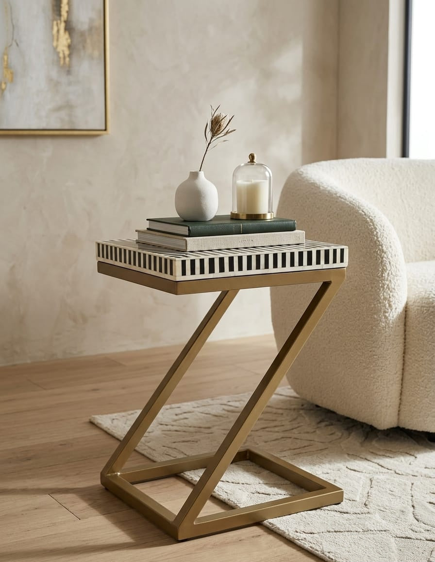 Black and white bone inlay Z side table with geometric pattern and gold powder-coated stand