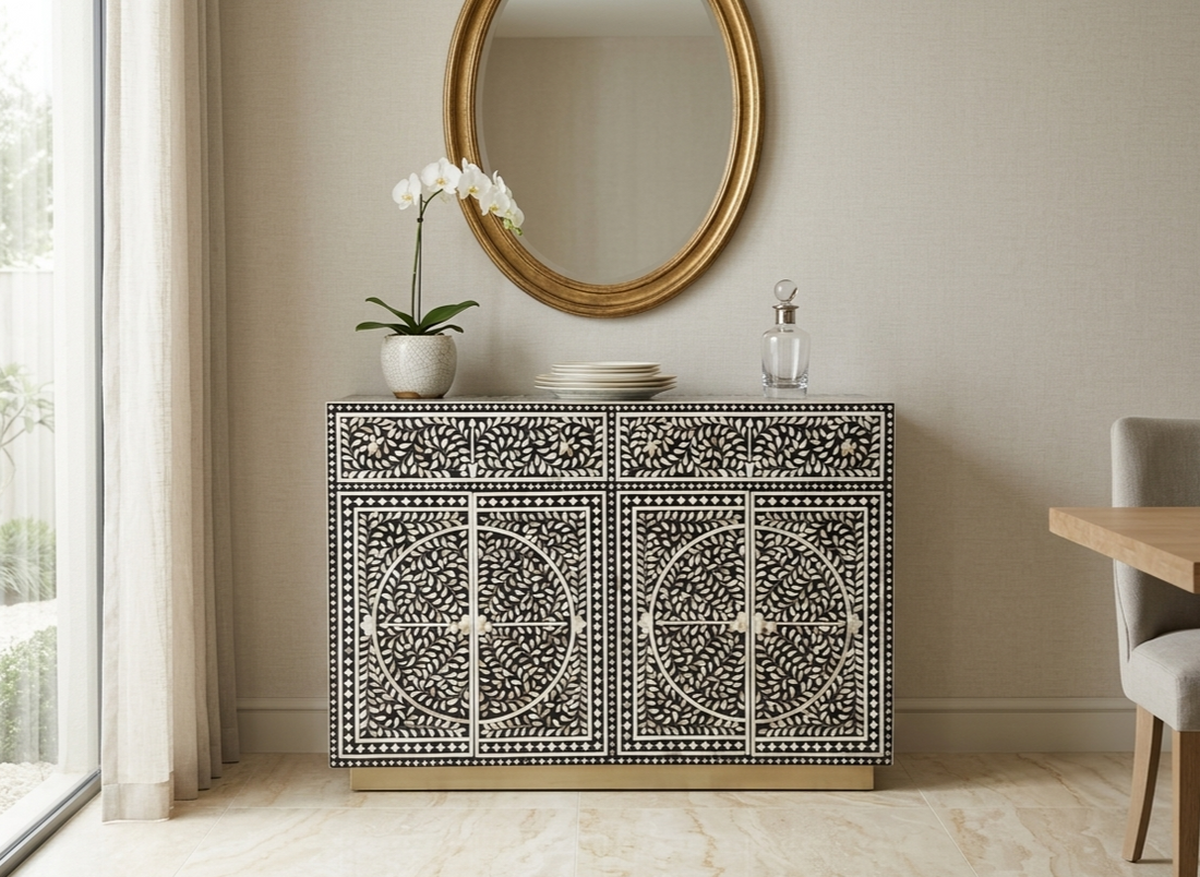 Black and white Mother of Pearl inlay 4 door 2 drawer buffet cabinet with brass stand