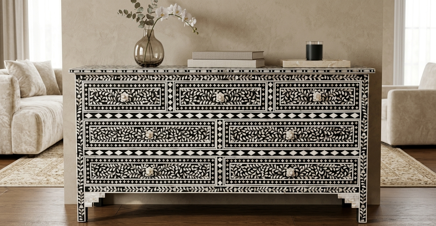 Black and white mother of pearl inlay 7 drawer chest with floral design