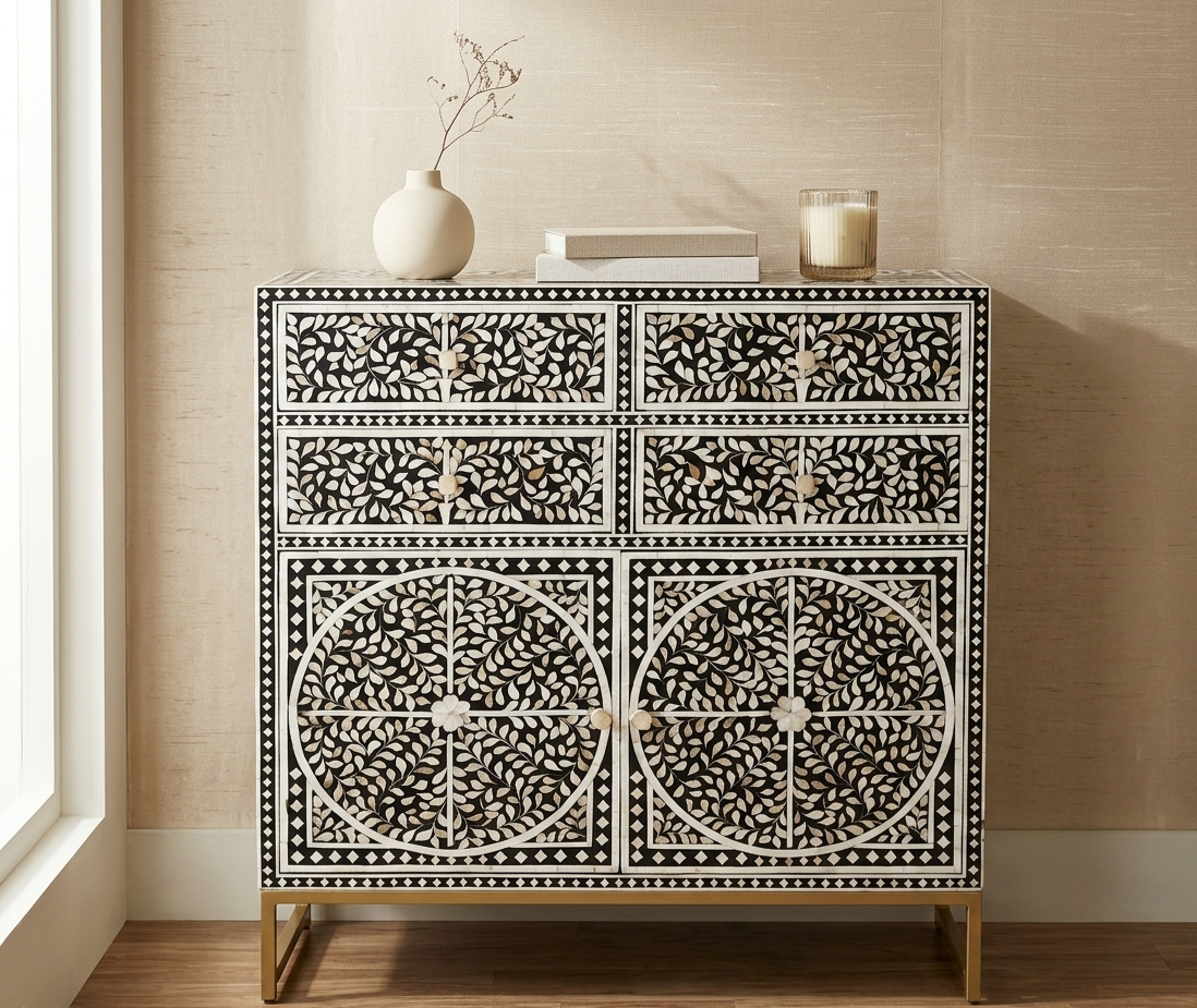 Black and white mother of pearl inlay cabinet with four drawers and two doors
