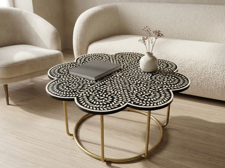 Black and white mother of pearl inlay floral coffee table with gold powder-coated stand