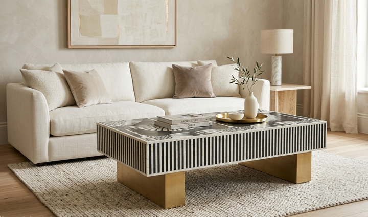 Handmade Black and White Mother of Pearl Inlay Rectangular Coffee Table with Brass Legs