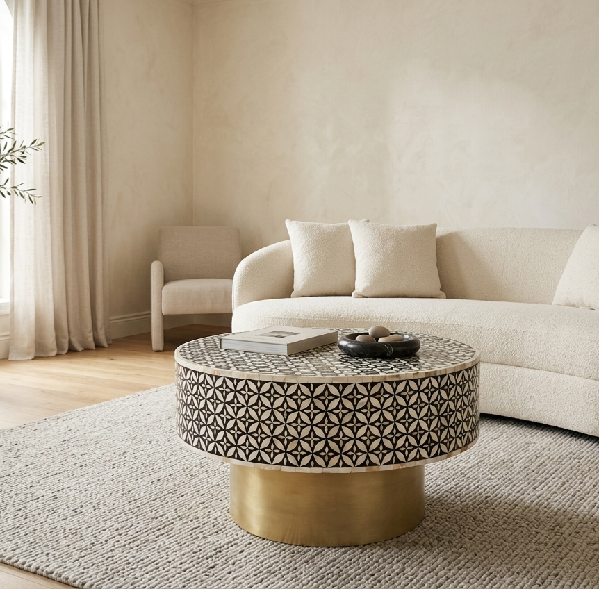 Black and white Mother of Pearl inlay round coffee table with brass base