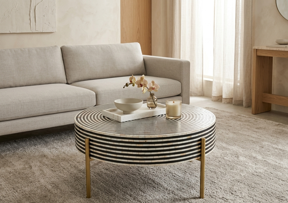 Handmade Black and White Mother of Pearl Inlay Round Coffee Table with Gold Powder Coated Legs