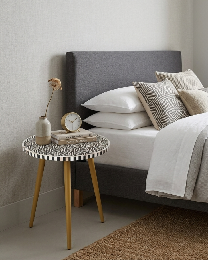 Black and white Mother of Pearl Inlay round side table with golden powder-coated legs beside a modern bed