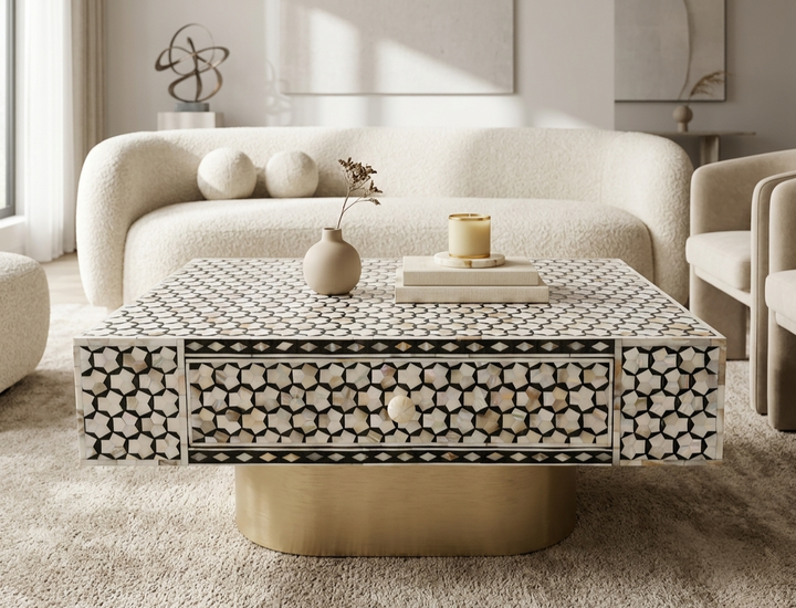 Black and white Mother of Pearl Targua design coffee table with one drawer and brass base
