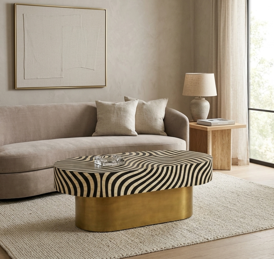 Black and white zebra pattern bone inlay oval coffee table with brass base