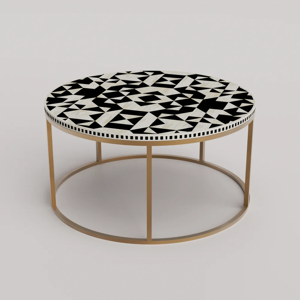 New handmade bone onlay coffee table, black & white bone inlay table, bone inlay furniture items, Inlay Georgia Round Coffee Table with Metal Stand - Kingsley