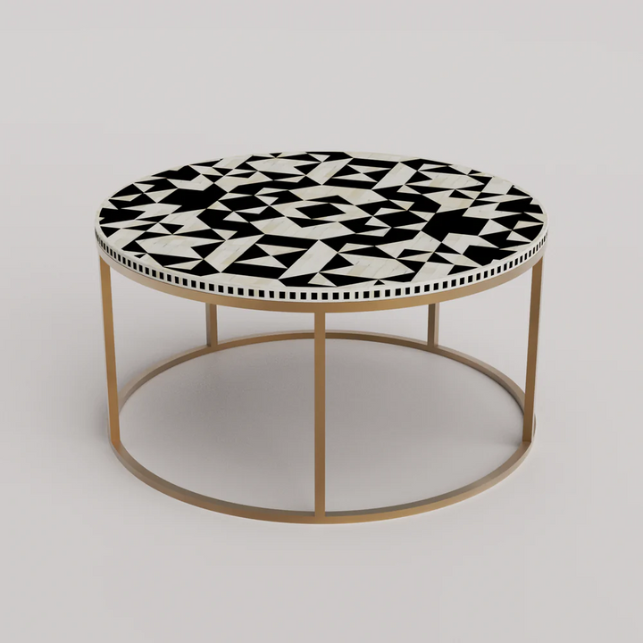 New handmade bone onlay coffee table, black & white bone inlay table, bone inlay furniture items, Inlay Georgia Round Coffee Table with Metal Stand - Kingsley