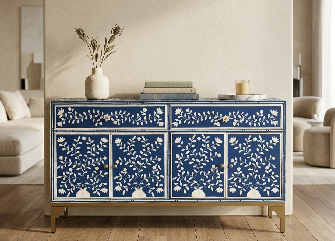 Handmade Blue Bone Inlay 2 Drawer 4 Door Buffet Cabinet with Floral Design