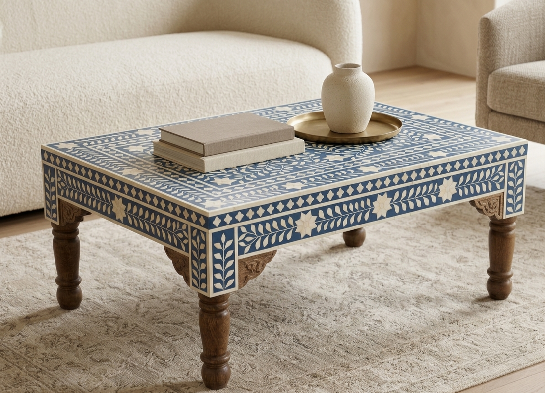 Handmade Blue Bone Inlay Coffee Table with Wooden Polish Legs