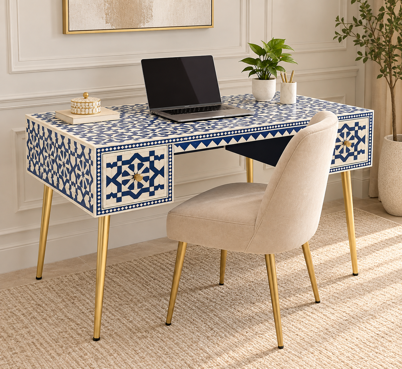 Blue Bone Inlay Work Desk with Geometric Pattern and Golden Powder Coated Legs