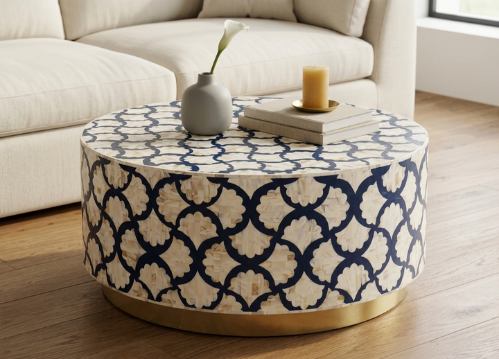 Blue Mother of Pearl inlay coffee table with floral pattern and brass bottom base