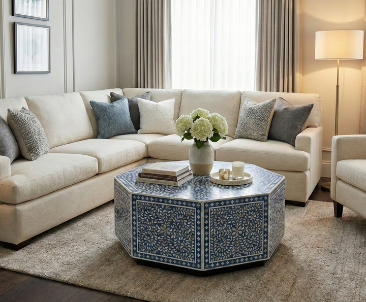 Handmade Blue Mother of Pearl Inlay Hexagon Coffee Table with Floral Design