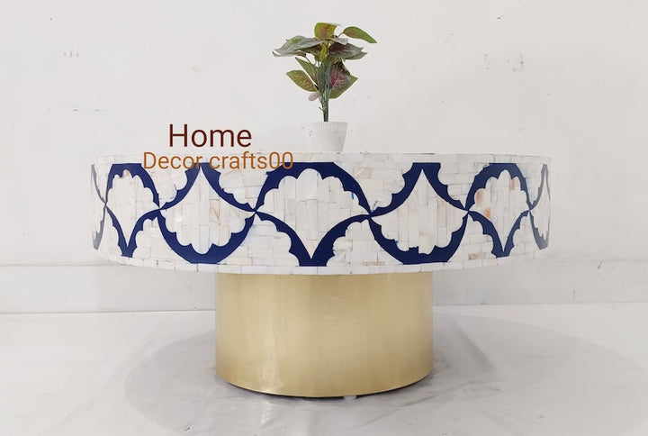 Blue Mother of Pearl inlay round coffee table with Mughal floral design and brass base
