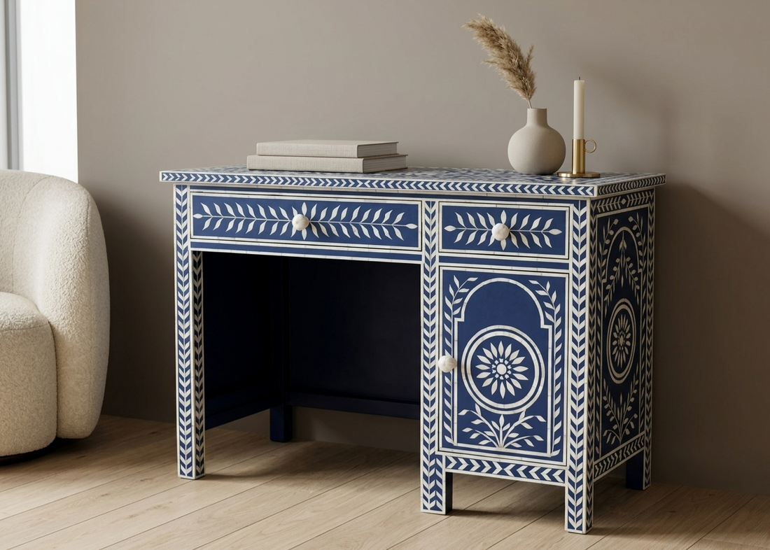 Blue and white bone inlay office work desk with two drawers and one side door
