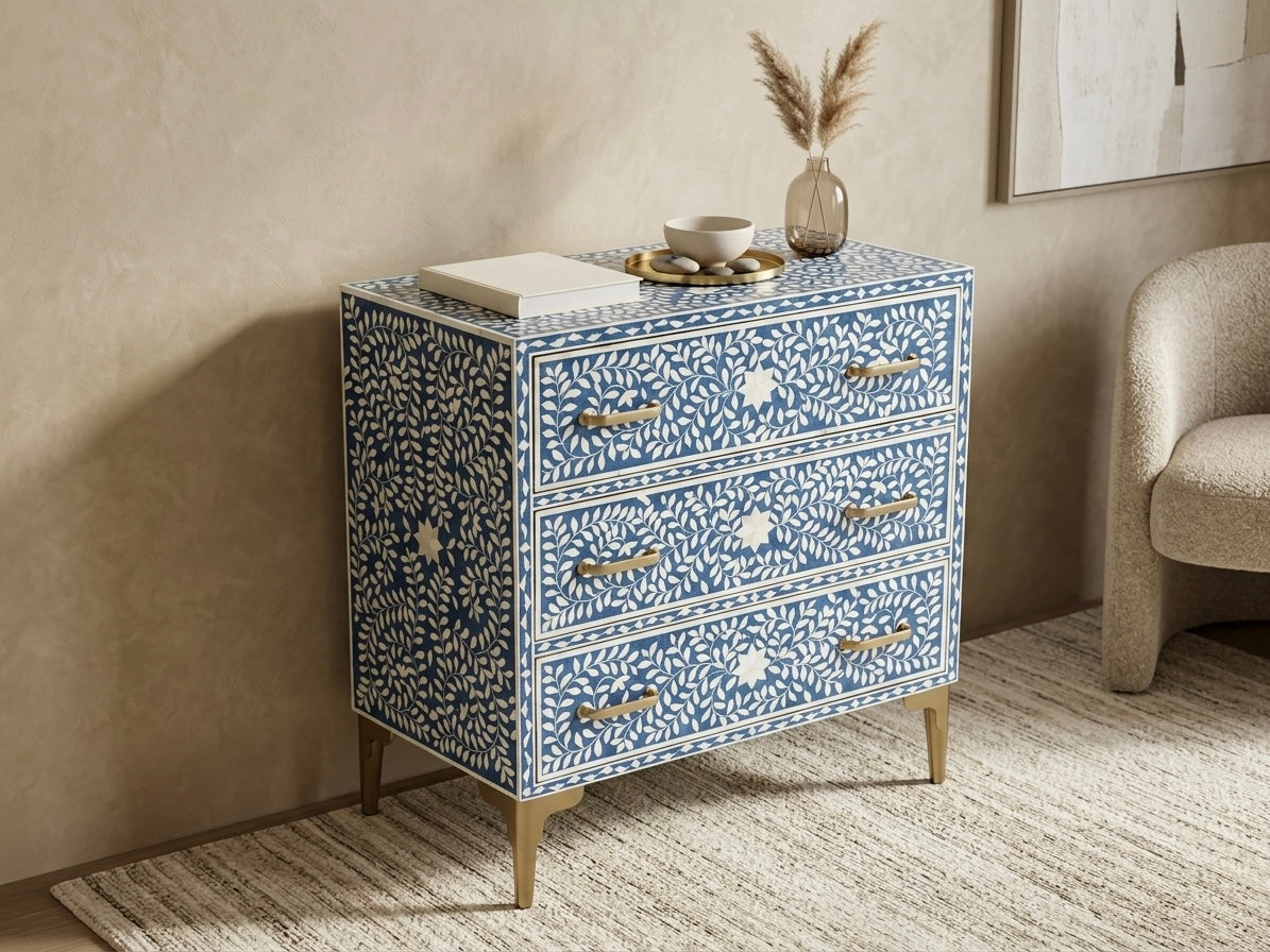 Handmade Blue Bone Inlay 3 Drawer Chest with Floral Inlay Pattern and Brass Handles