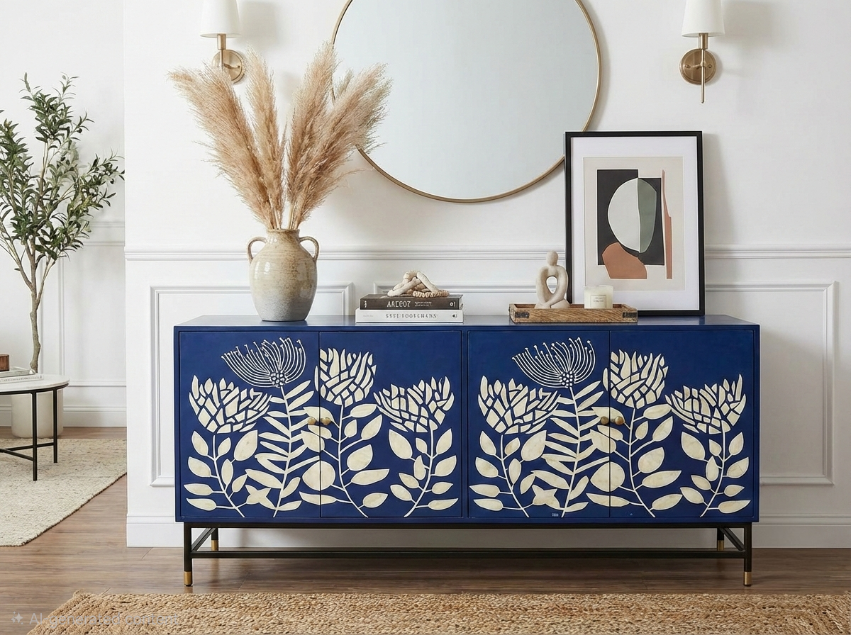 Blue and white Bone Inlay 4 door cabinet with white floral pattern, black metal stand and brass knobs