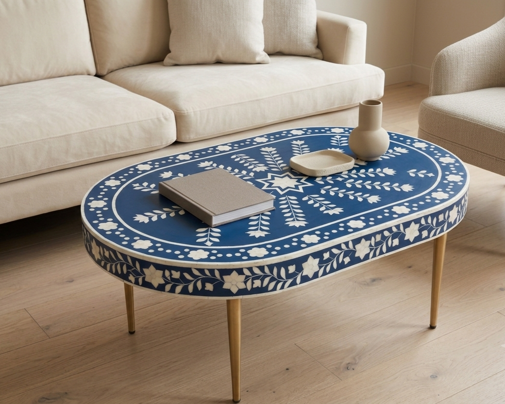 Blue and white bone inlay oval coffee table with floral design and four gold powder-coated legs