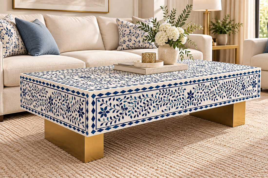 Blue and white Bone Inlay rectangular coffee table with brass legs