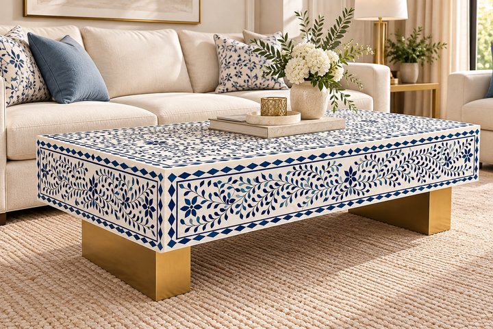 Blue and white Bone Inlay rectangular coffee table with brass legs