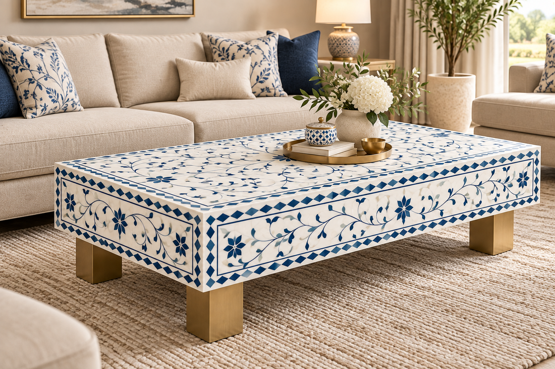 Blue and white Bone Inlay rectangular coffee table with intricate floral pattern and four brass-finish legs