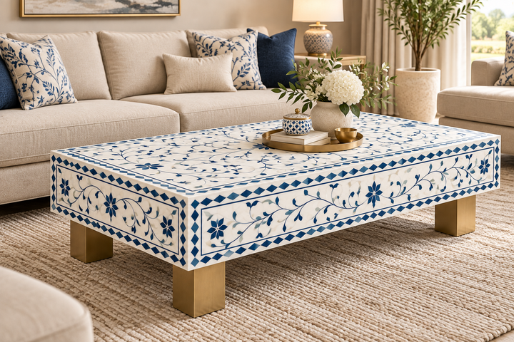 Blue and white Bone Inlay rectangular coffee table with intricate floral pattern and four brass-finish legs