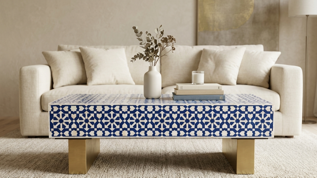 Handcrafted Blue and White Moroccan Bone Inlay Rectangle Coffee Table with Brass Legs