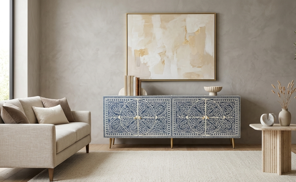 Blue and white floral bone inlay 4-door TV unit media cabinet with brass-tone legs