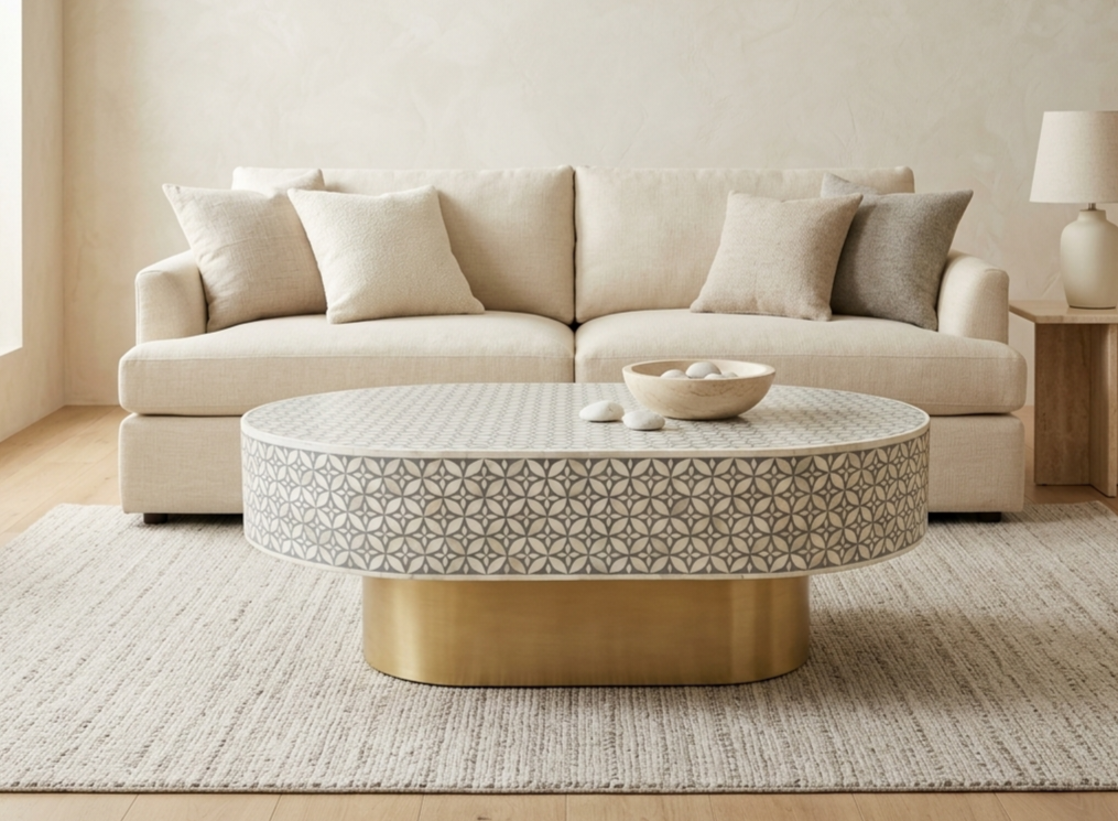 Grey Bone Inlay Oval Coffee Table with Elegant Brass Base