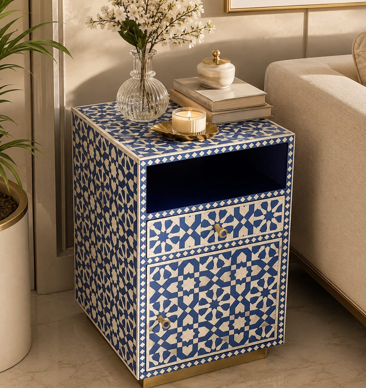 Handcrafted Blue and White Bone Inlay Moroccan Pattern Side Table with 1 Drawer, 1 Shelf and 1 Door