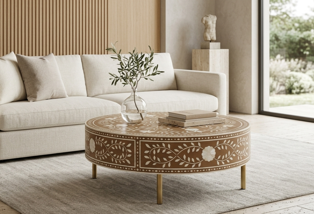 Brown Bone Inlay Round Coffee Table with Floral Pattern and Golden Powder Coating Legs