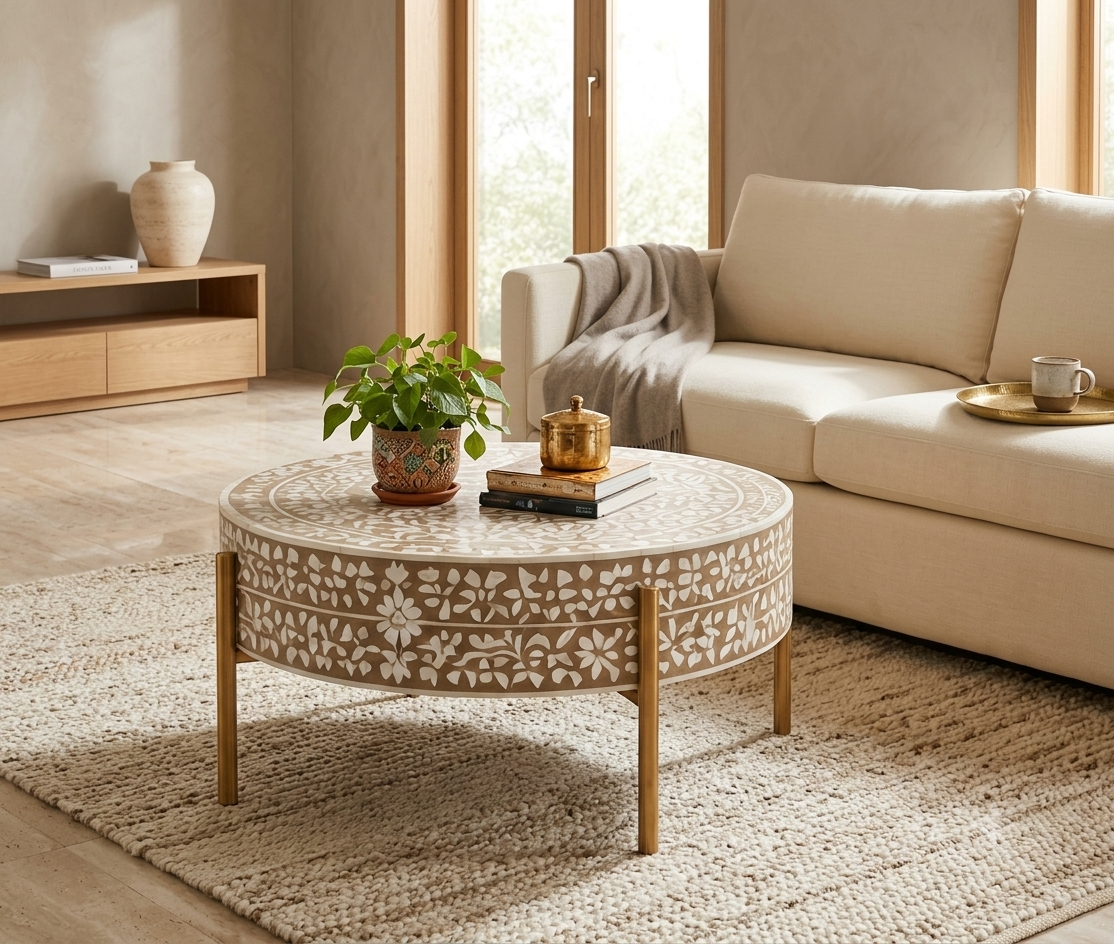 Brown and white Bone Inlay round coffee table with golden powder-coated legs