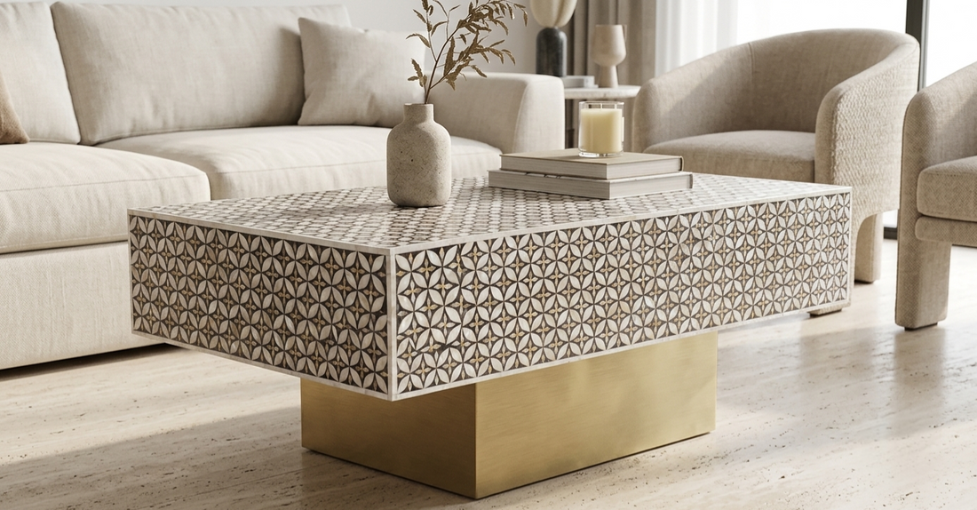 Brown and white mother of pearl inlay center table with brass pedestal stand