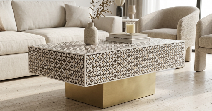Brown and white mother of pearl inlay center table with brass pedestal stand