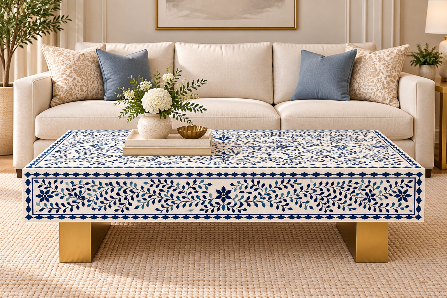 Blue Bone Inlay Rectangular Coffee Table, White Resin Top with Brass Legs