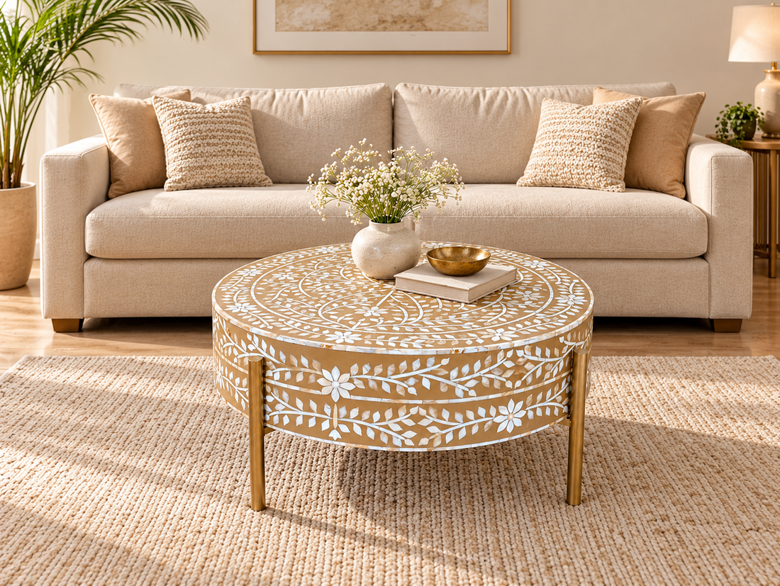 Brown and White Mother of pearl Inlay Round Coffee Table with Golden Legs