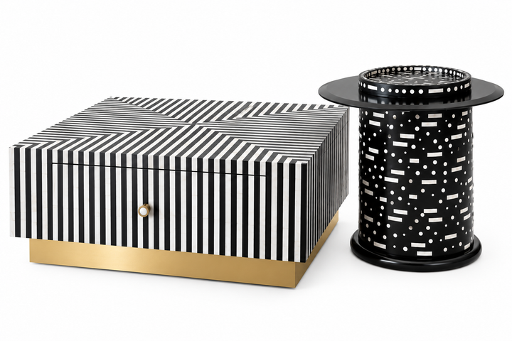 Bone Inlay Coffee Table Set of 2 with 1 Drawer, Black and White Square Coffee Table and Round Side Table with Grey Glass and Brass Stand