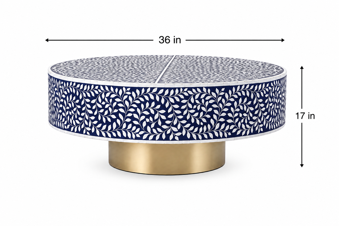 Navy Blue Bone Inlay Round Coffee Table with Brass Pedestal Base | Handmade Bone Inlay Furniture