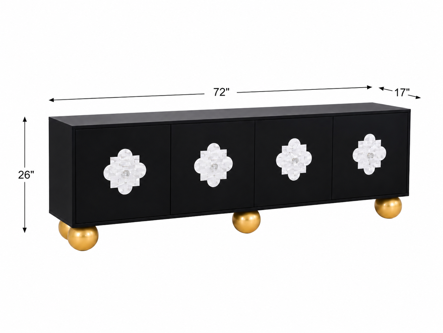 Mother of Pearl Inlay Black 4-Door TV Unit Media Cabinet