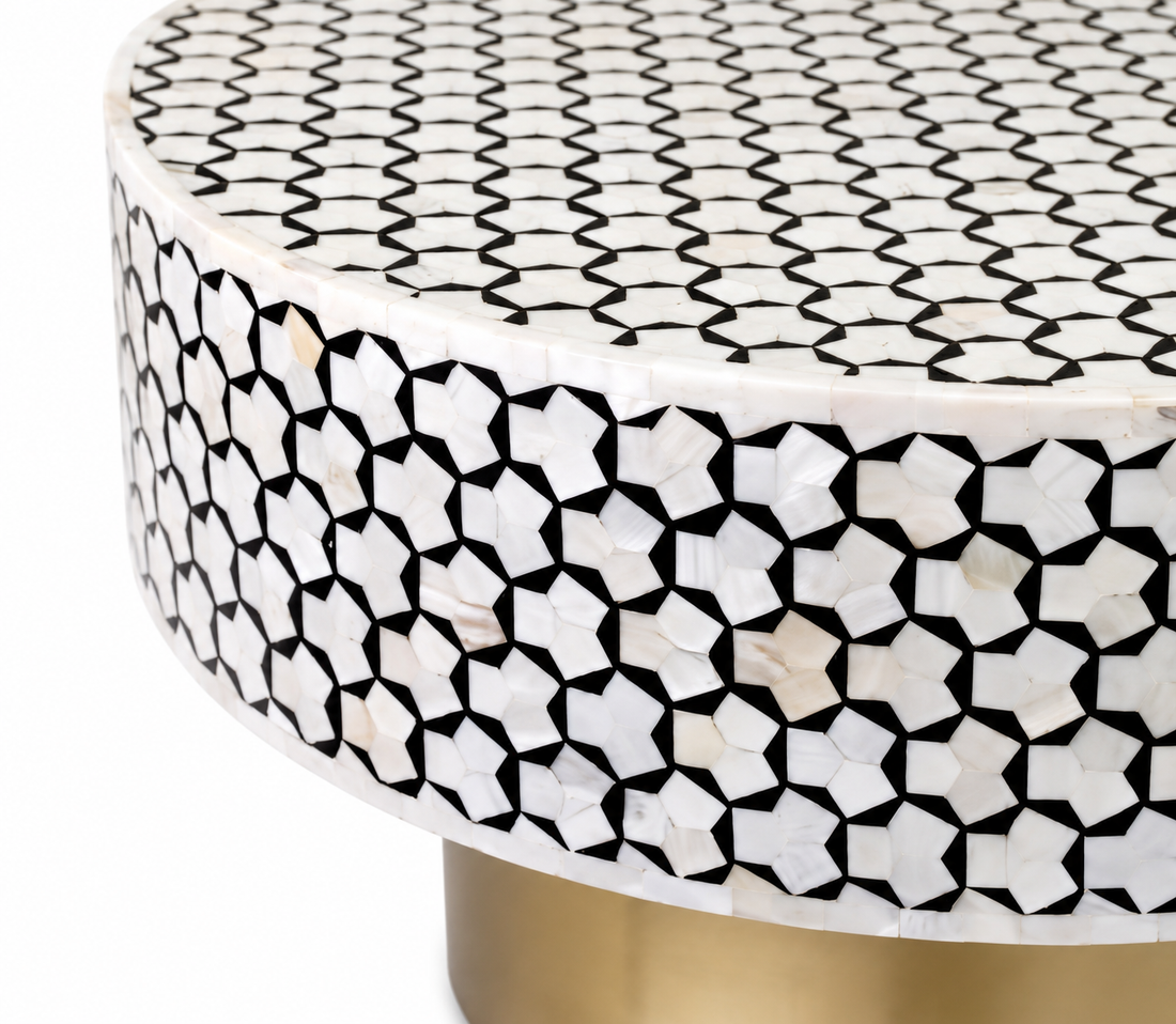 Mother of Pearl Inlay Oval Coffee Table Set of 2 – Black & White with Brass Base