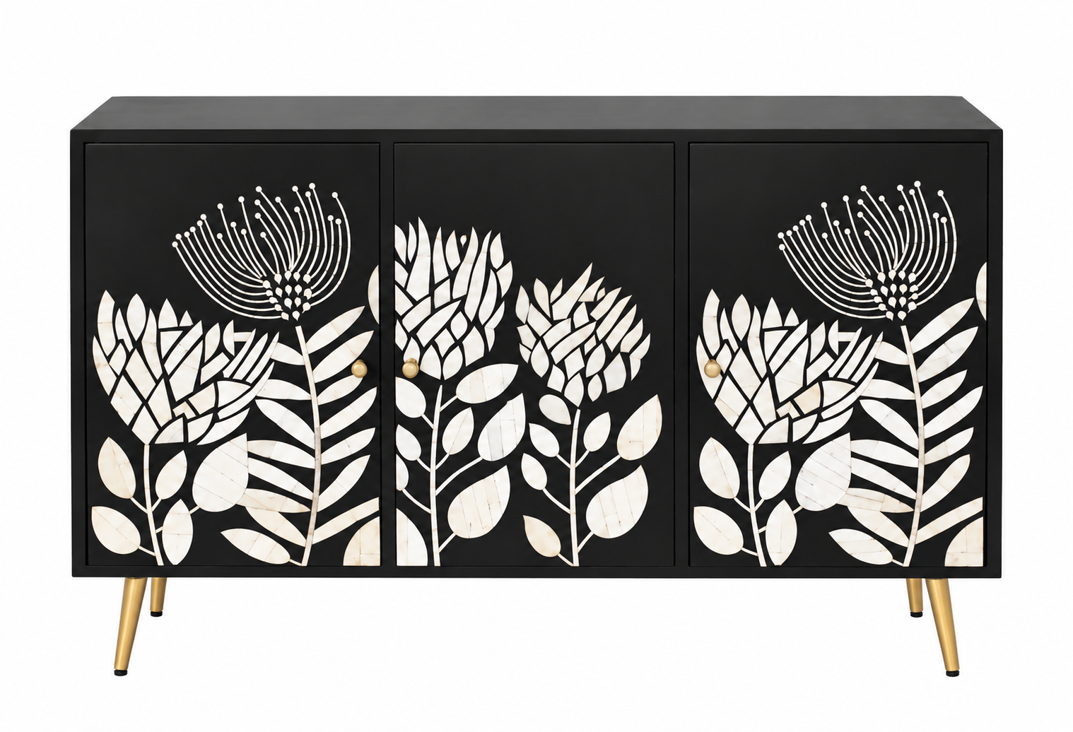 Bone Inlay 3 Door 3 Drawer Cabinet Chest Black and White Floral Design