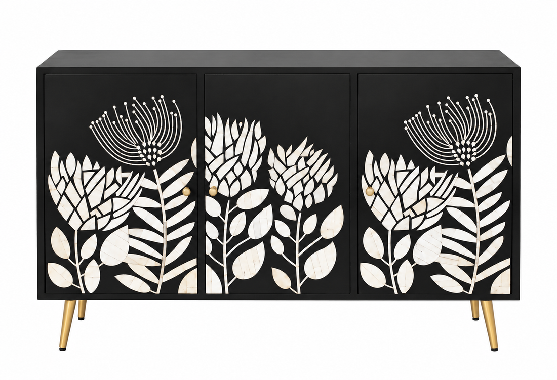 Bone Inlay 3 Door 3 Drawer Cabinet Chest Black and White Floral Design
