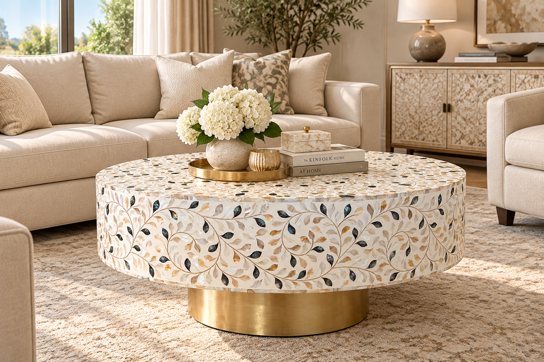 Mother of Pearl Inlay Round Coffee Table – White with Black Accents and Brass Base