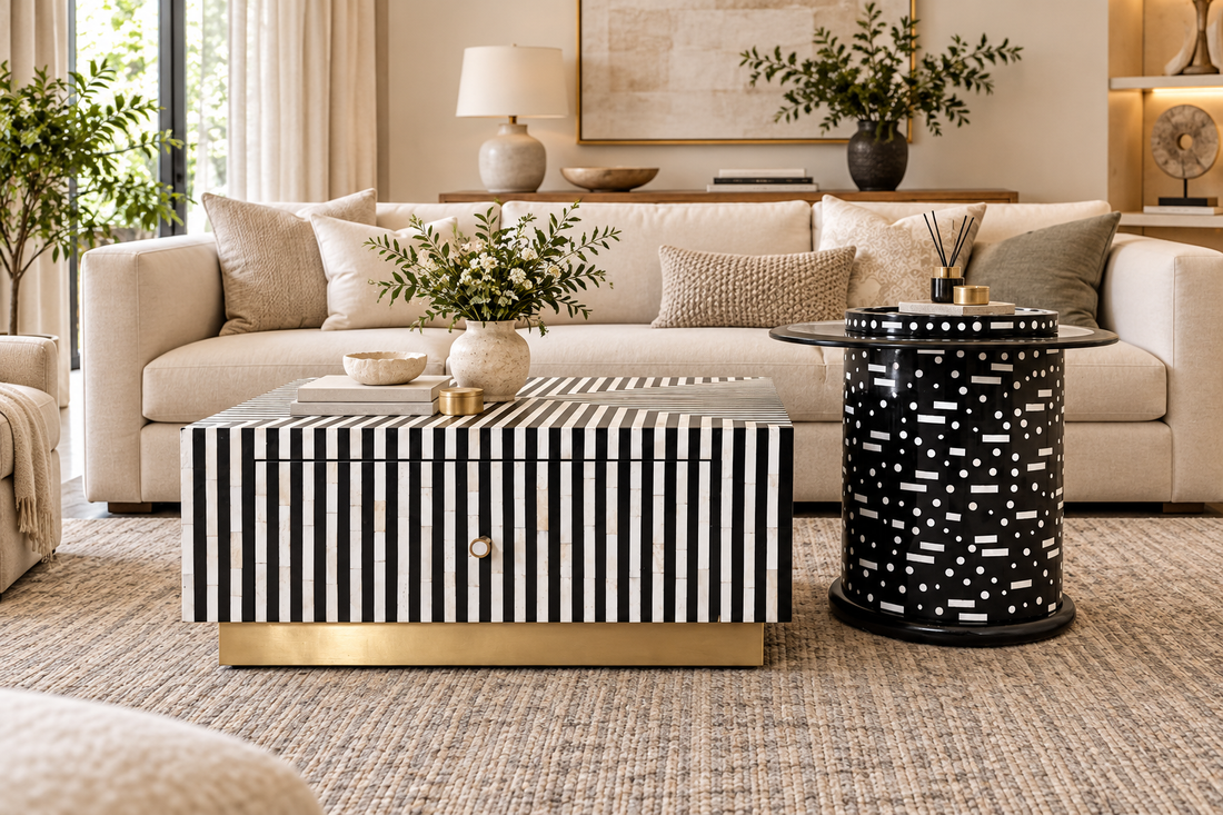 Bone Inlay Coffee Table Set of 2 with 1 Drawer, Black and White Square Coffee Table and Round Side Table with Grey Glass and Brass Stand