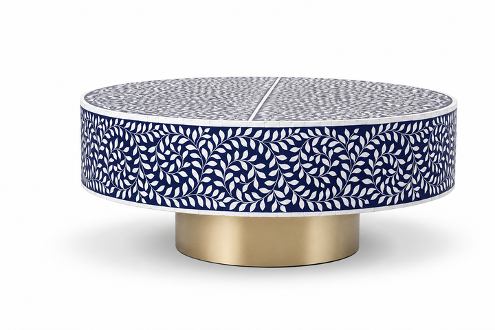 Navy Blue Bone Inlay Round Coffee Table with Brass Pedestal Base | Handmade Bone Inlay Furniture