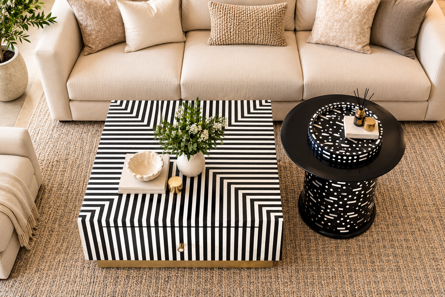 Bone Inlay Coffee Table Set of 2 with 1 Drawer, Black and White Square Coffee Table and Round Side Table with Grey Glass and Brass Stand