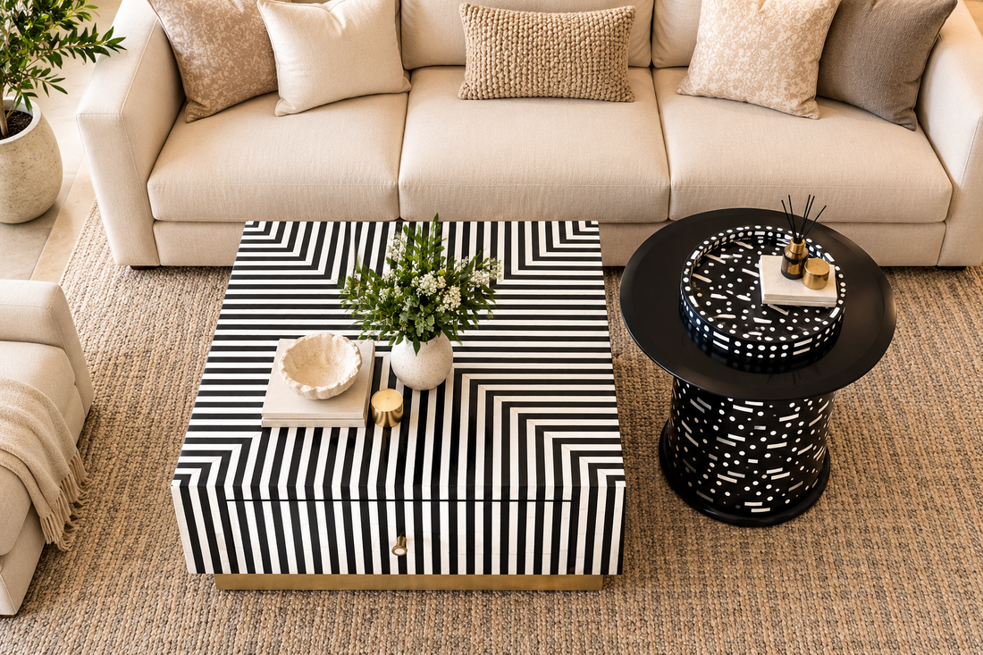 Bone Inlay Coffee Table Set of 2 with 1 Drawer, Black and White Square Coffee Table and Round Side Table with Grey Glass and Brass Stand